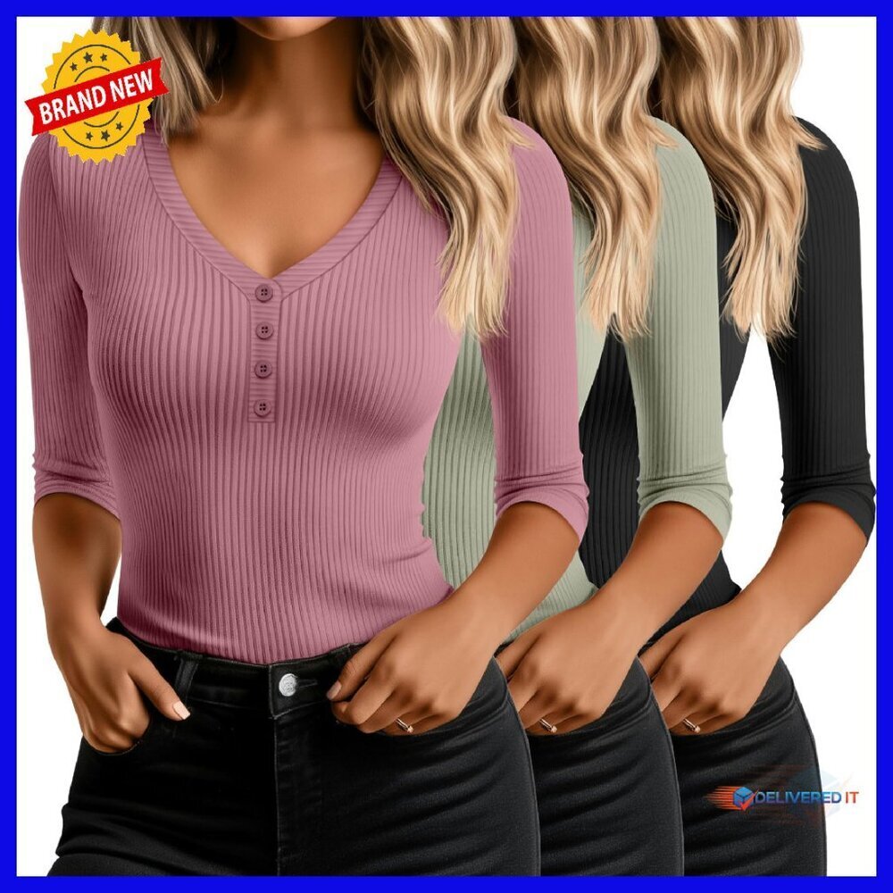 3 Pack Slim Fit 3/4 Sleeve Henley Shirts, Cotton Spandex V Neck Tees